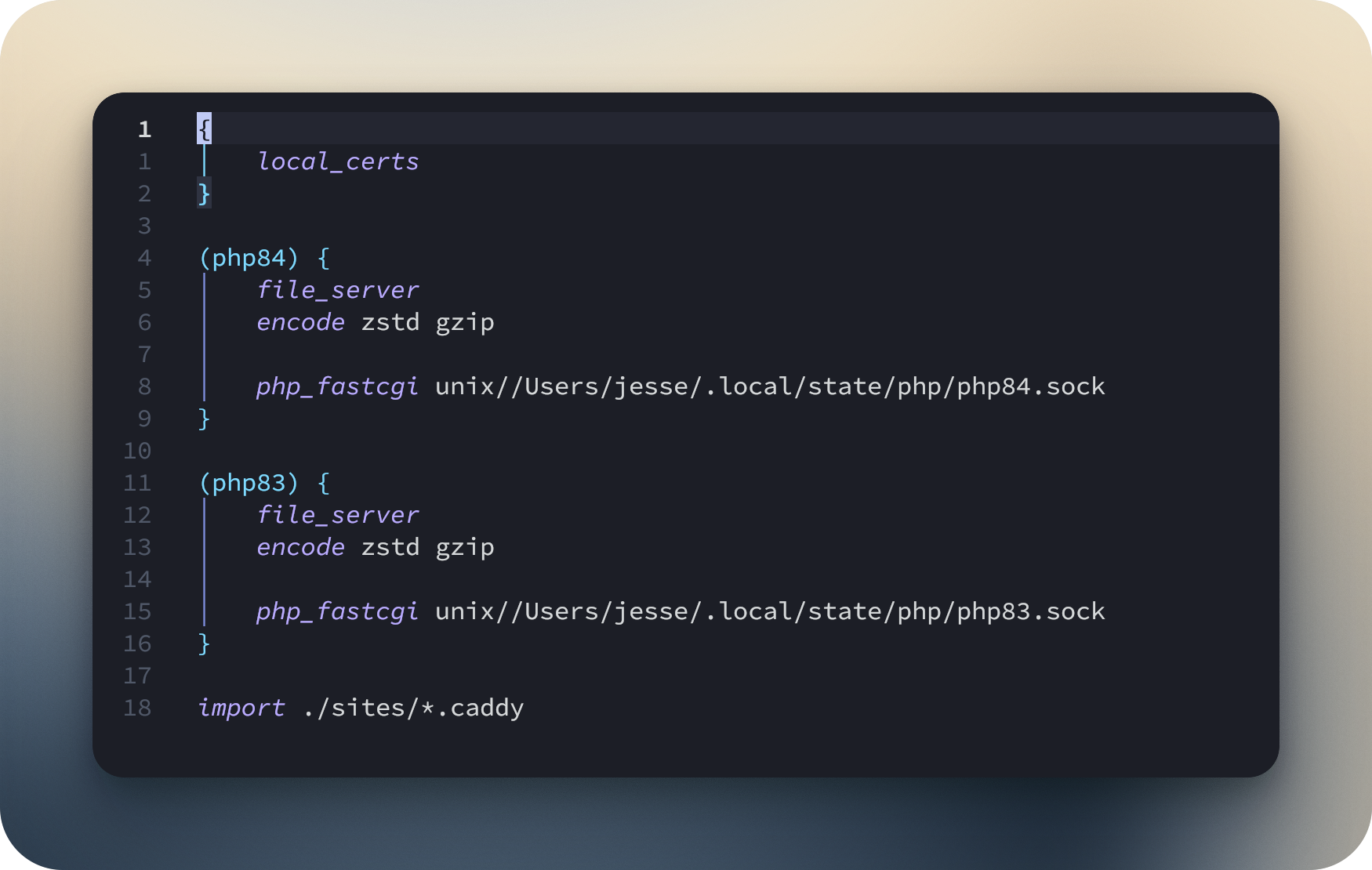 A screenshot showing a Caddyfile in Neovim with syntax highlighting